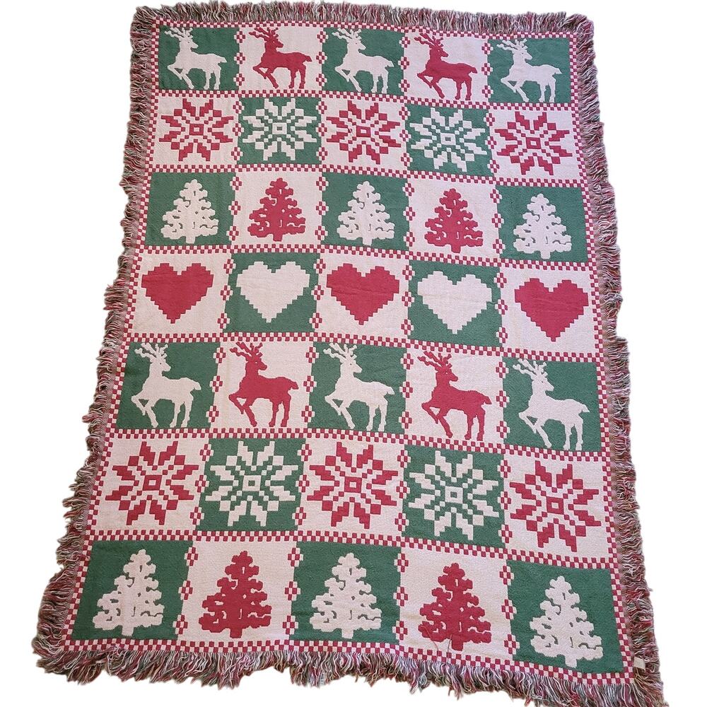 Vintage Christmas Tapestry Blanket Pink Red Green Reindeer Holiday Cottage Decor